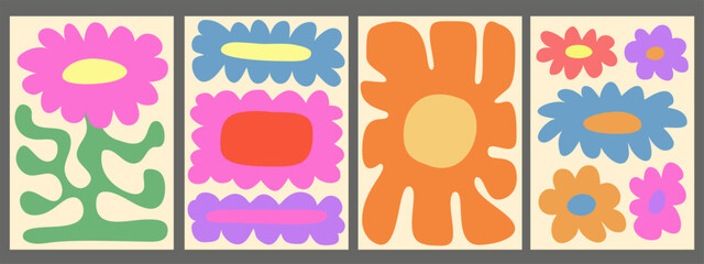 Set Of Abstract Floral Posters. Collection Of Groovy Flower Pattern Vector Design. Cool Blossom Cute Art Placards.