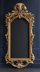 Ornate gold-framed mirror against a dark background.