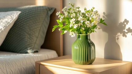 Sunny bouquet in green vase on stylish wood nightstand in cozy, well-lit bedroom