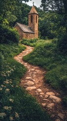 Obraz premium Tranquil stone pathway leading to a historic brick church surrounded by lush greenery and tall trees in a peaceful rural setting