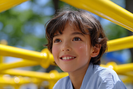 Young boy with curly hair smiles brightly while sitting on playground equipment, surrounded by vibrant yellow bars, capturing the joy of childhood and outdoor playtime experiences