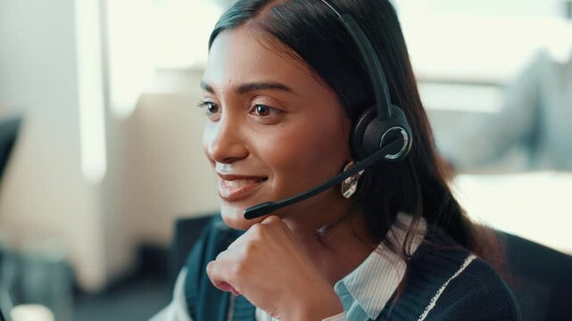 Support, thinking and woman in call center for help, problem solving or IT advice. Customer service, virtual assistant and happy agent talk on computer for software insight, faq or tech guide for crm
