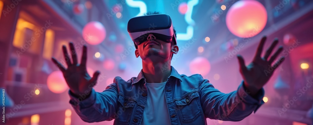 Leinwandbilder man wearing vr glasses in virtual augmented reality. person touches 3d object in digital cyberspace 