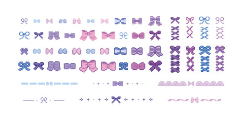 ドット絵のかわいいリボンの装飾イラストセット　編み上げ　あしらい　紐　ピクセル