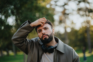 A man in a leather jacket with headphones draped around his neck appears deep in thought while...