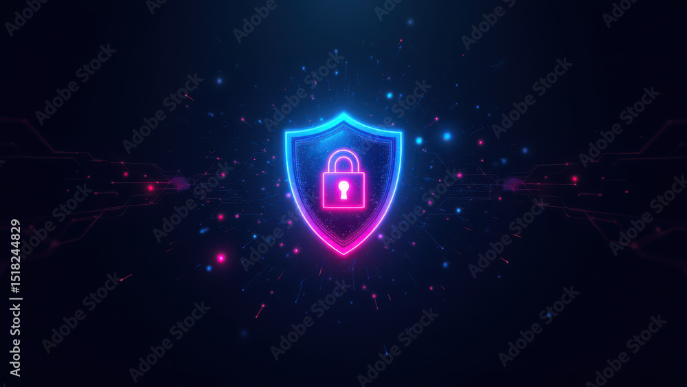 Poster a stylized digital image featuring a glowing lock symbol at its center with a cybersecurity theme, s