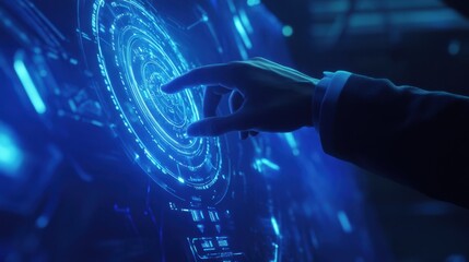 A human hand in a business suit reaching out and interacting with a glowing blue holographic interface, digital HUD elements floating in 3D space