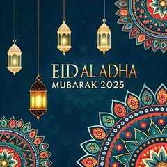 Naklejka premium Vibrant Eid Al Adha Mubarak 2025 with Hanging Lanterns and Mandala Motifs.