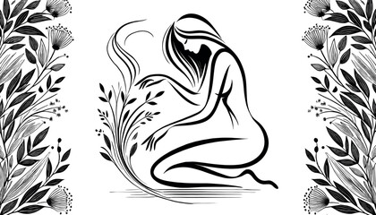 Black-and-white minimalist artwork featuring an elegant female outline leaning over dried herbs, with delicate lines symbolizing scent and an oil drop silhouette enhancing the wellness theme.
