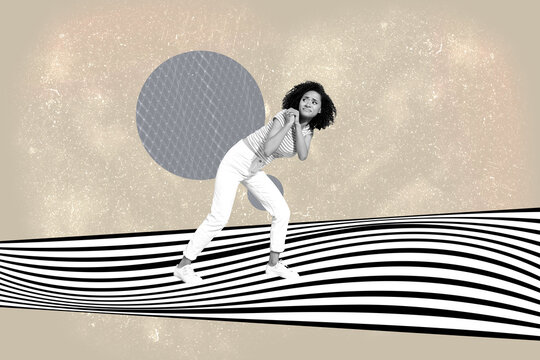 Fototapeta Collage of stylish person with hypnotic swirl and geometric pattern black white waves background in modern pop style