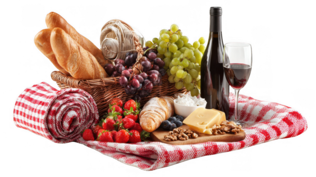 Gourmet picnic basket overflowing with fresh baguettes, grapes, strawberries, croissants, cheese, walnuts, and red wine on a checkered blanket, creating an idyllic outdoor dining scene