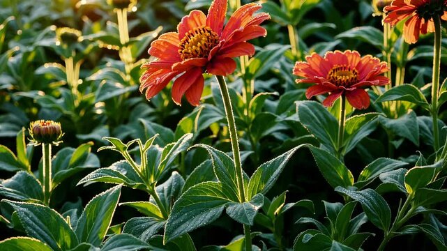 Field of blooming orange zinnia flowers in warm sunlight, showcasing vibrant seasonal growth, natural beauty, and lush garden scenery in colorful botanical macro composition