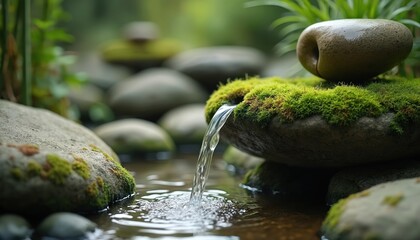 Tranquil Zen garden scene with flowing water feature. Water trickles over moss-covered stone basin. Peaceful, serene environment. Bamboo, rocks, moss, nature creating calm atmosphere for relaxation.
