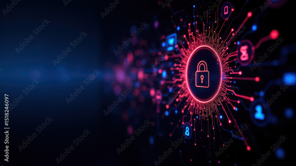 Poster a vibrant digital illustration of a secure lock symbol with cybernetic patterns emanating from it, r