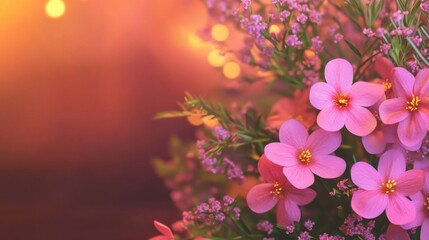 Beautiful bouquet of pink flowers against a warm background during sunset