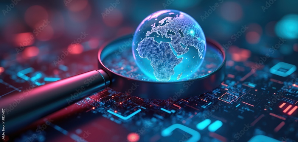 Poster magnifying glass over glowing digital globe, concept search engine optimization. concept of internet