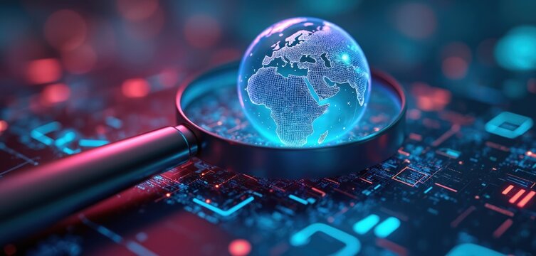 Magnifying glass over glowing digital globe, concept search engine optimization. Concept of internet traffic. Website ranking, digital marketing, global network, data analysis, social media.
