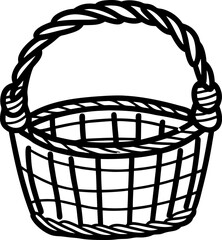 Fototapeta premium Empty woven basket with thick rope handle black outline illustration, simple rustic container for carrying goods