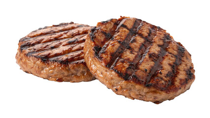 Two grilled burger patties isolated on transparent background