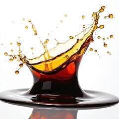 Dynamic shot of balsamic vinegar splash against white background. Liquid dark brown color, splash with drops. Food cook, culinary, flavor, dish, salad, seasoning. Product presentation. Cooking