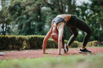 Flexibility and exercise as a young woman performs a back bend on a running track surrounded by...