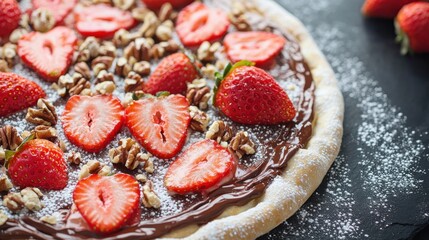 A close-up shot of a delicious dessert pizza with fresh strawberries and pecans.