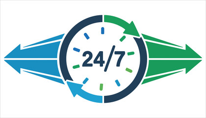 24/7 Service Vector Icon. Around the Clock Support Symbol with Arrows.
