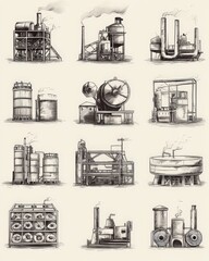 Hand-drawn style industrial icons for factories and production lines