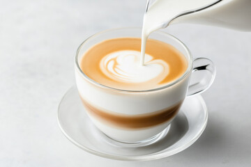 Close-up of milk pour creating latte art in a clear glass coffee cup