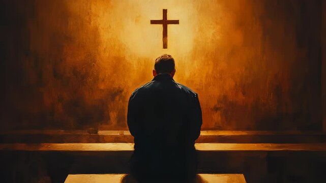 Man in Prayer at Church, Seeking Spiritual Guidance Under the Holy Cross Symbol