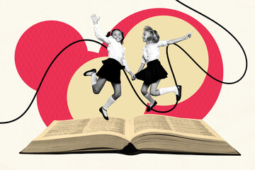 Composite artwork photo collage template sketch of huge size open book friends two young schoolgirl...