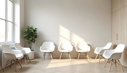 Modern interior waiting room with six white chairs. Empty space with hardwood floor, green plant near window. Light falls on wall. Office design, dental clinic doctor cabinet. Minimalist style.