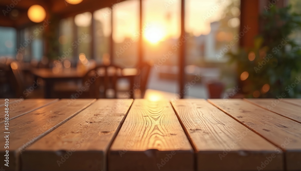 Aufkleber Empty wooden table with blurred sunset cafe background. Natural wood texture surface design for product display presentation advertising. Warm light, bokeh effect create relaxing mood.