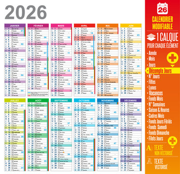 Calendrier 2026 claques modifiables