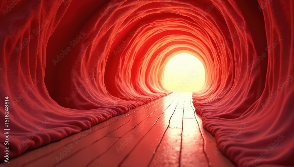 Poster Abstract red tunnel illustration with light at the end. Fabric texture and wooden floor create inviting pathway, warm glow. Digital art, architectural design, artistic fantasy and surreal concept.
