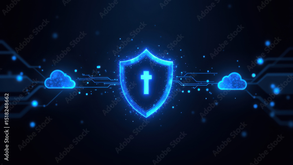 Poster a digital graphic representing cybersecurity with a stylized shield featuring lines of code and blue