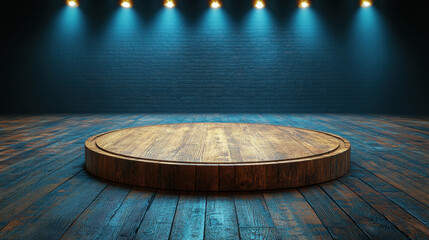 A captivating empty stage with a circular wooden podium, illuminated by bright spotlights against a textured dark wall, ideal for performances and presentations