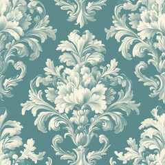 Elegant Teal Damask Pattern with Floral and Baroque Elements for Textile Design