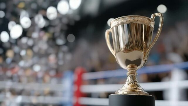 Gold cup stands in the center of the boxing ring against the backdrop of stands and flying confetti. Symbol of victory, sporting triumph, competition and championship in a bright festive atmosphere.