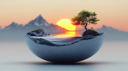 A captivating fusion of nature and art, this image features a tranquil scene with a tree on serene water, framed by a bowl horizon at sunset