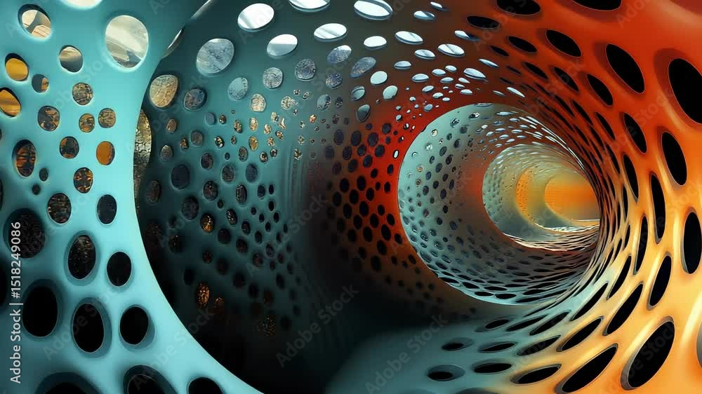 Poster abstract perforated tunnel with vibrant colors, creating a sense of depth and dimension