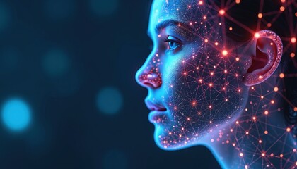 Obraz premium Futuristic illustration shows digital human profile connected by AI neural network. Innovative tech, medicine, healthcare. Modern digital art, science, data analytics for health treatment. AI-driven