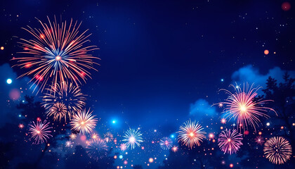 Happy 4th of July: Pink Red White Fireworks, Treetops & Bokeh. Photorealistic Symmetrical Background, Text Space.