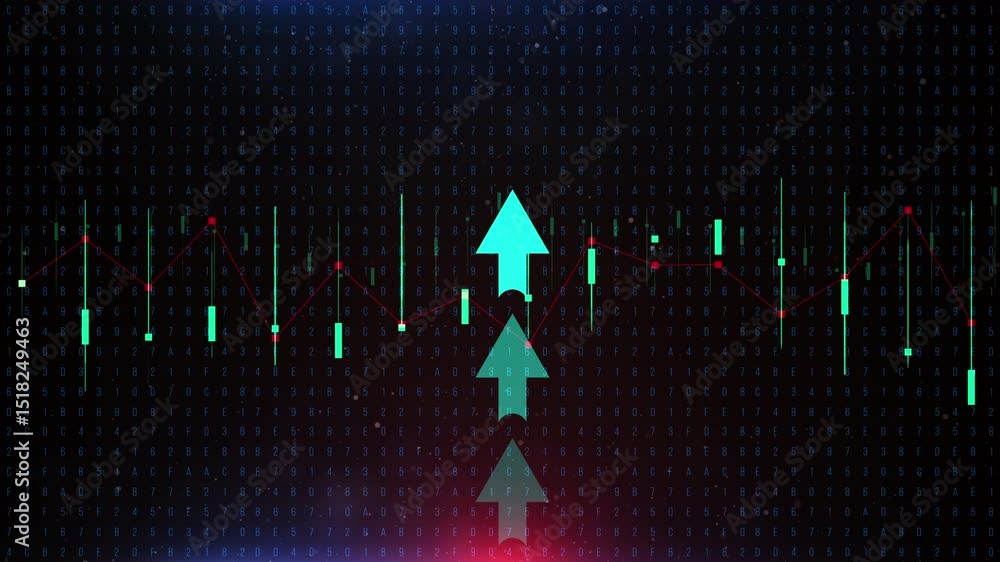 Poster ascending green arrow and red line chart on black background with numbers