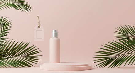 Mockup palm leaves and tropical foliage minimalist product display with label in pink background.