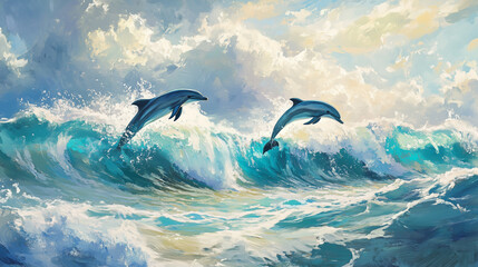 Playful dolphins jumping over breaking waves. Hawaii Pacific Ocean wildlife scenery. Marine animals in natural habitat.