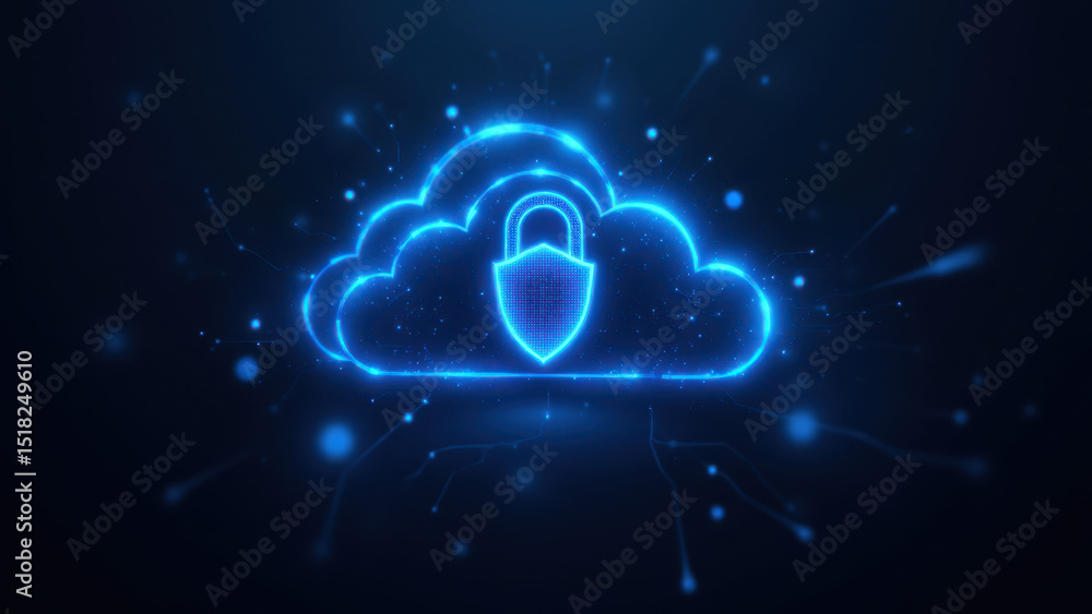 Poster a digital illustration showing a secure cloud with a lock symbol and cyber stars surrounding it, ind
