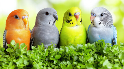 A group of four colorful budgerigars perched on lush green foliage, showcasing their vibrant feathers in a natural setting, perfect for nature lovers