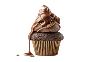 PNG Indulgent chocolate cupcake with rich swirls and dripping chocolate glaze