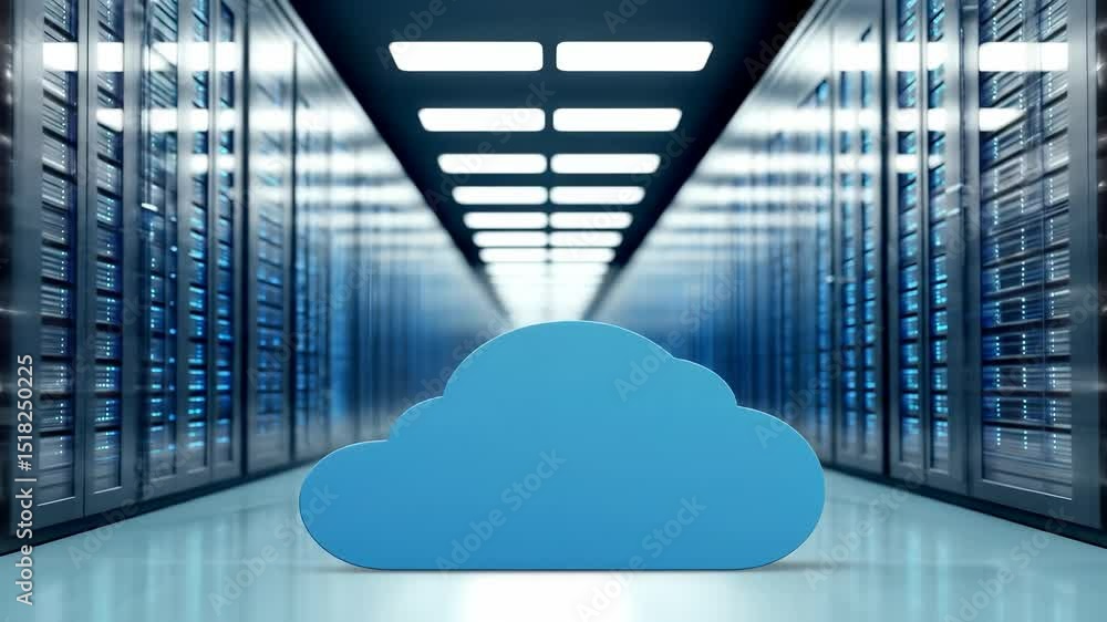 Poster cloud server data technology storage network digital blue modern security. a blue cloud icon sits br